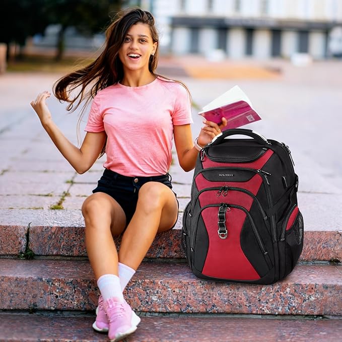 KROSER Travel Laptop Backpack 18.4 Inch XXXL Gaming Backpack with Hard Shell Saferoom RFID Pockets Water-Repellent Business College Daypack Stylish Laptop Bag for Men/Women-Black Red