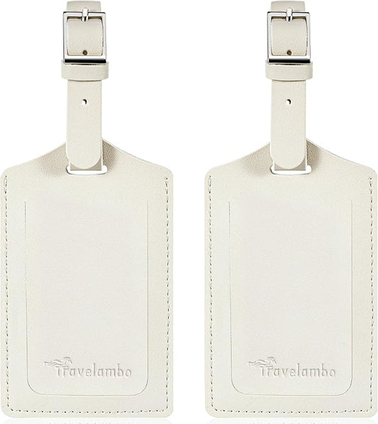 Travelambo Luggage Tags for Suitcases Faux Leather Privacy Protection 2 Pack Bag Tags Travel Accessories Essential, Ivory