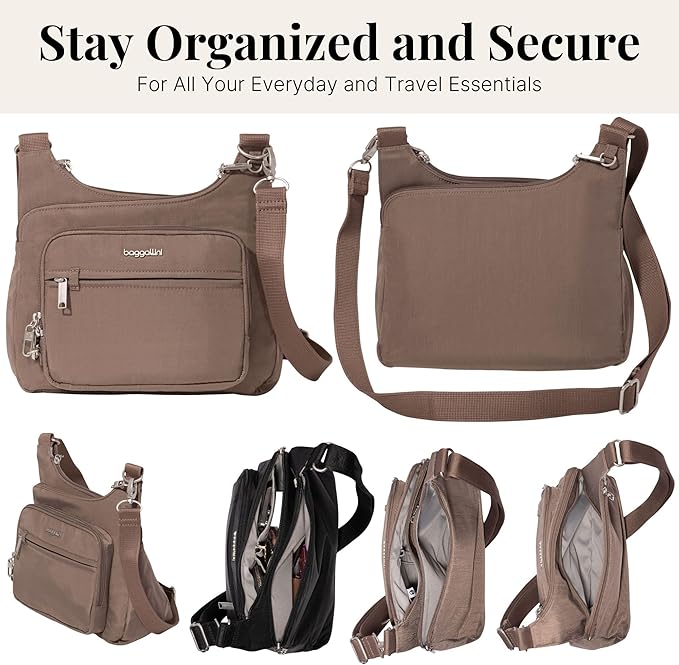 Baggallini Securtex Anti-theft Crossover Crossbody Bag 11”w X 8.5”h, Rfid, Built-in Wallet, Locking Zippers