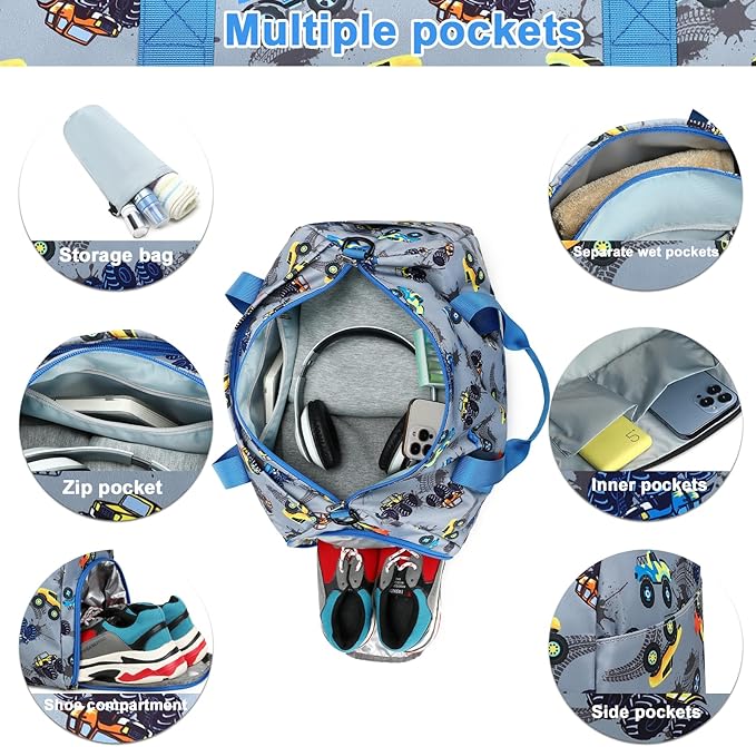 BTOOP Duffle Bag for Girls Kids Gym Sports Women Workout Travel Bag Weekender with Shoe Compartment and Wet Pocket (Truck-Blue)
