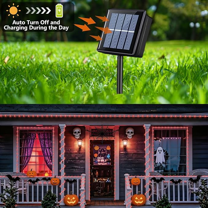YEGUO Red Solar Halloween Lights, 66ft 200 LED Solar Rope Lights Outdoor Waterproof, 8 Modes Fairy Lights in Clear Thin Tube