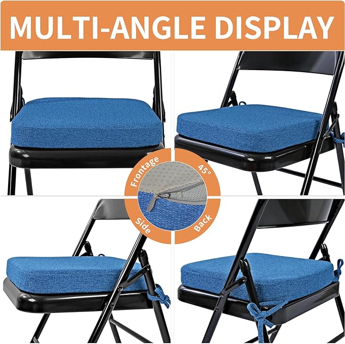 SINOSSO Memory Foam Chair Cushions for Folding Chairs 4 Pack, Thickened 2" Square Pads with Ties for Kitchen Chairs, Indoor Non-Slip Dining Chair Seat Cushions (4 Pcs, Dark Blue)