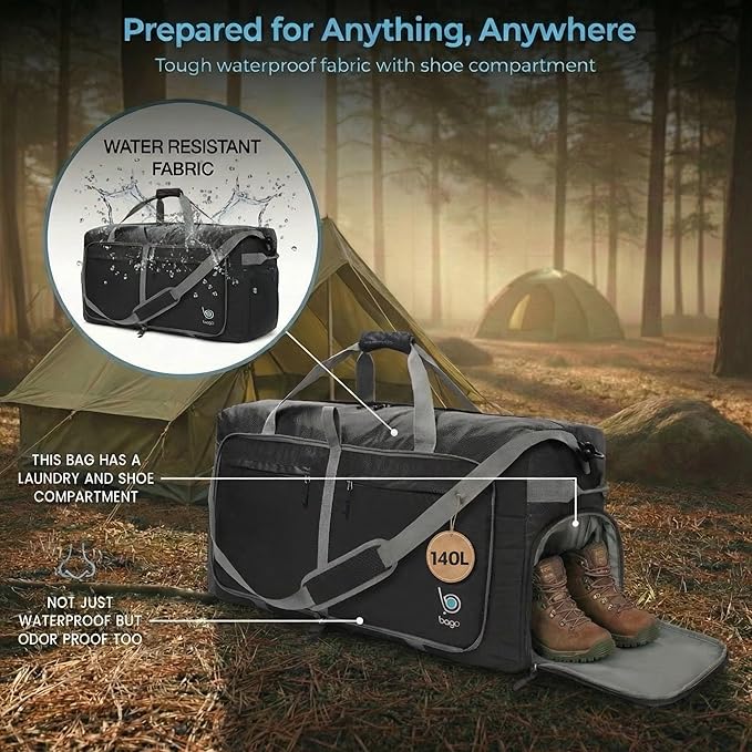 Bago Extra Large Duffle Bag for Travel Women & Men. Durable, Lightweight, Foldable Travel Duffel Bags For Traveling Women. 140L Duffle Bags Use As a Weekender Bag with Shoe Compartment, Checked Duffel