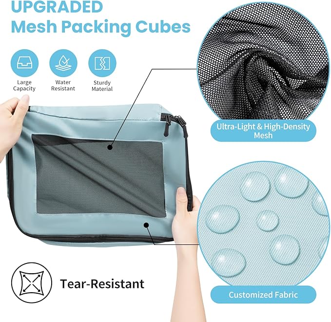 Mesh Packing Cubes for Travel, Durable Luggage Organizer with Sturdy Material and Double Zippers, Comprehensive Set for Travel Accessories Storage, 10 set, teal