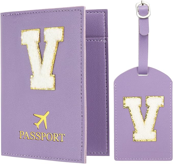 PATIKIL Passport Holder for Travel, Initial Passport Cover and Luggage Tag Set with Alphabet Chenille Letter Patch Travel Wallet Bag Suitcase Identifier for Women Family Travel Purple V