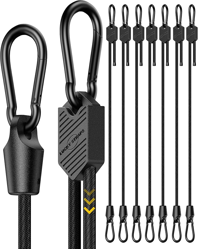 8 Pcs 36 Inch Adjustable Carabiner Bungee Cords with Hooks, Easy to Adjust from 7" to 36", Black Bungee Straps with UV-Resistance & Superior Elasticity for Cargo, Bike, Luggage, Carts, Truck, etc