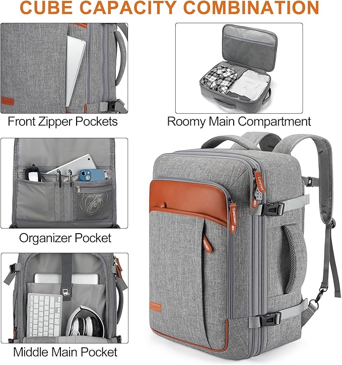 Lumesner Carry on Travel Backpacks, Extra Large 40L Flight Approved Bag for Men & Women,Expandable Suitcase Backpack With 4 Packing Cubes,Water Resistant Luggage Daypack Business Weekender Bag, Grey