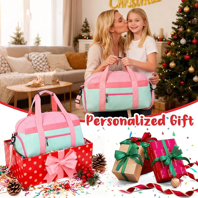 WOOMADA Kids Duffle Bag for Boys or Girls, Kids Overnight Bag with Shoe Compartment＆Wet Pocket, Ideal for School Practice, Sports, Travel(pink green)