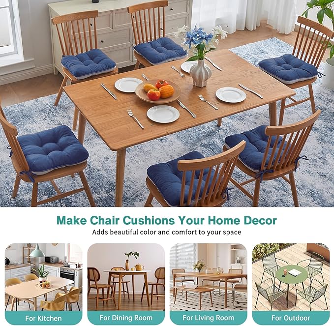 BETU Chair Cushions for Dining Chairs Set of 6,3.5" Thick Kitchen Table Chair Pads with Ties,Non Slip Backing and Covers, Seat Cushion for Dining Room,Bar,Patio Chairs,16"X16"X3.5",Navy Blue