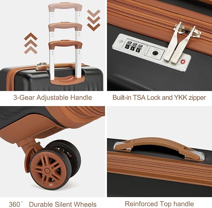 Kono Luggage Sets 3 Piece Expandable Carry On Travel Luggage 20 Inch TSA Lock Spinner Wheels Hardshell Suitcase Set(Black&Brown,3 Piece Set)