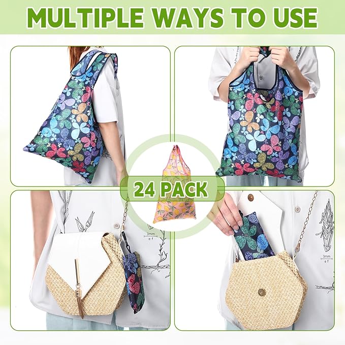 Paterr 24 Pcs Foldable Reusable Shopping Bag Recycle Travel Grocery Bag Fold to Pocket Tote Bulk for Daily Supplies Load