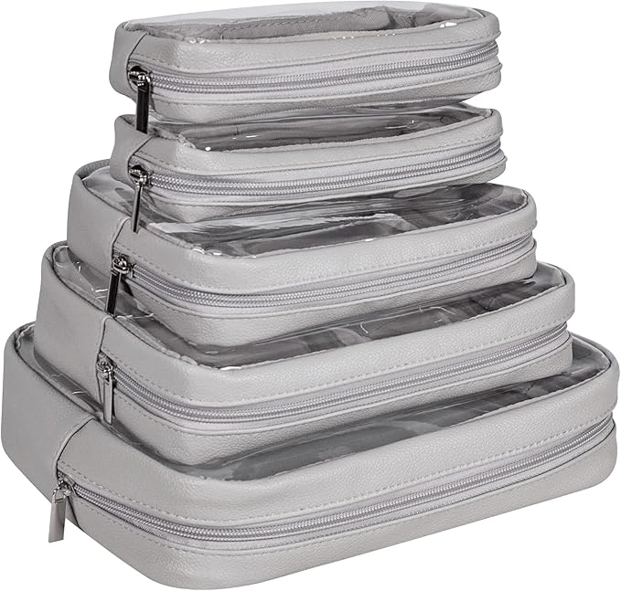 TSA Approved 5-Piece Diaper Bag Organizer Pouch Set Clear Waterproof TPU Kids Toiletry Storage Set Travel Packing Clutch Cube Bags for Baby Nursing (Light Gray)