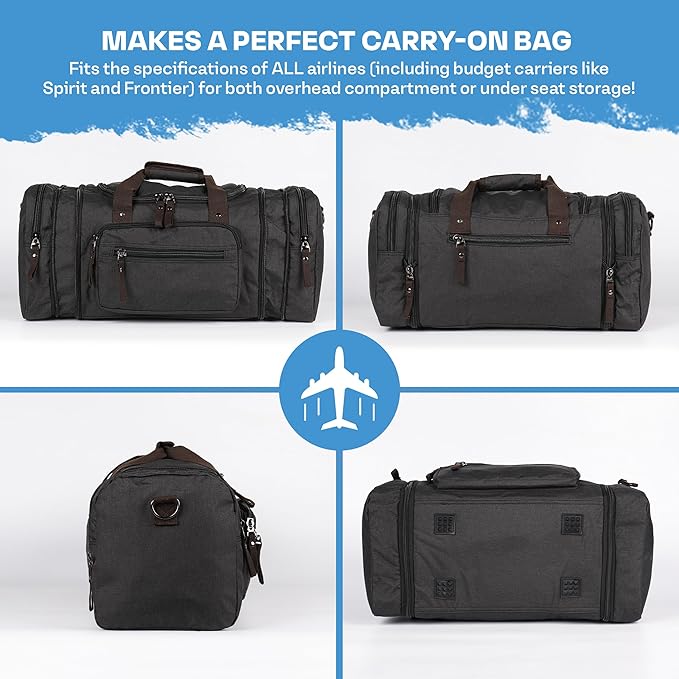 Duffle Bag for Travel 20–23” Expandable (40L) – Lightweight Water-Resistant Carry On Weekender with Multiple Pockets & Shoulder Strap – Airline Approved Travel Duffel Bags for Men & Women - BLACK