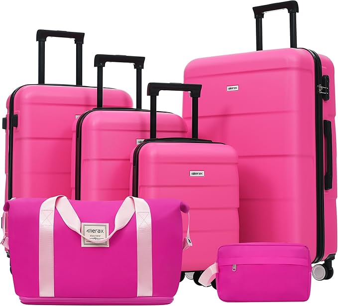 Merax Luggage Sets,6 Piece Carry on Suitcase with Travel Bags,Hardcase Suitcase Set with Double Spinner Wheels,16/20/24/28 IN Luggage Airline Approved,Pink-1
