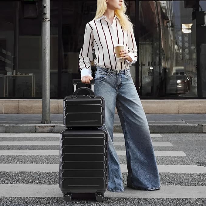 2-Piece ABS Hard Shell Lightweight Carry-On Luggage Set (14" & 20"), 360-Degree Spinner Wheels, Adjustable Telescopic Handle and Combination Lock for Travel, Black