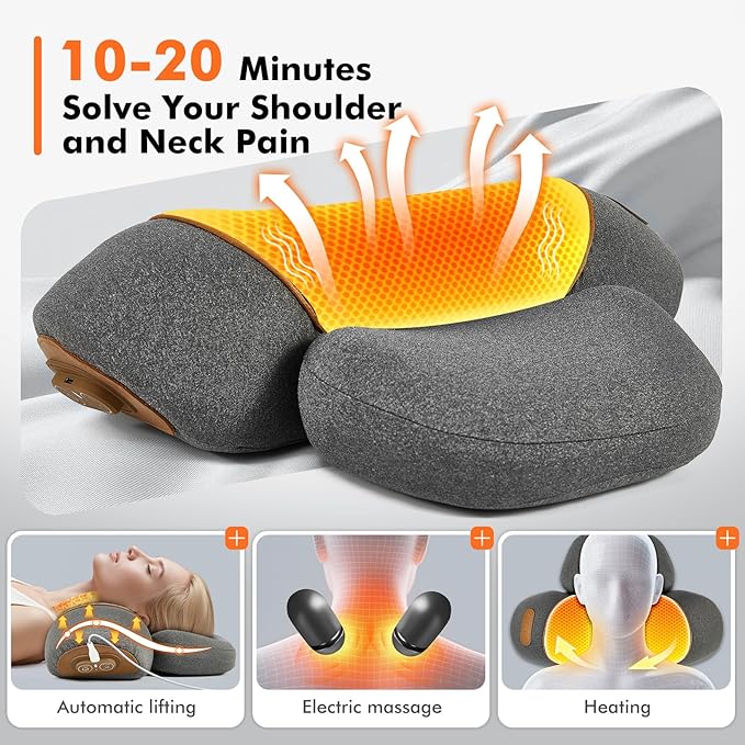 3-in-1 Neck Massager Pillow with Heating & Cervical Traction, Ergonomic Cervical Pillow for Neck Back Shoulder Pain Relief,Cervical Traction Suppor, Mathers Day Gifts (Gray)