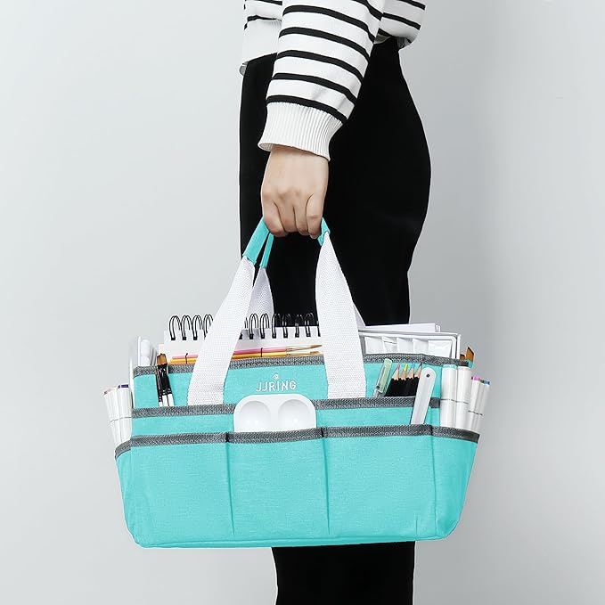 JJRING Craft Organizer Tote Bag, Art Storage Caddy with Multiple Pockets, Sky Blue Sewing Bag for Art, Craft, Scrapbooking, School, Medical, and Office Supplies Storage