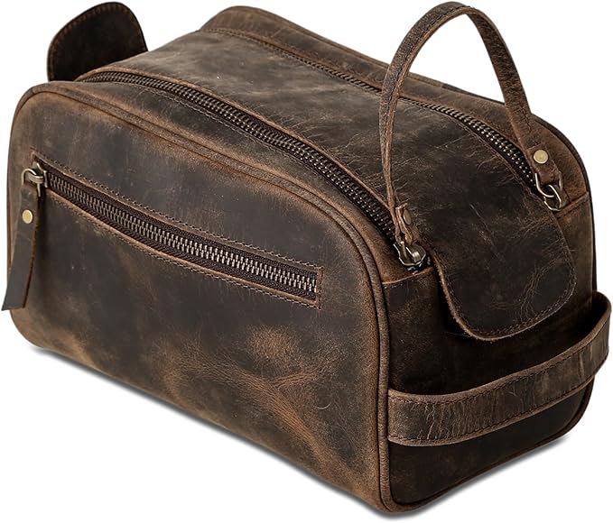 KomalC Travel Toiletry Bag – Premium Leather Dopp Kit for Men & Women with Water-Resistant Lining & Spacious Zippered Organizer