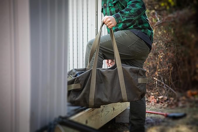 Waxed Canvas All Purpose Military Style Duffle Bag, Water-Resistant, Adjustable Strap, Fully Lined, Double Zipper Closure, heavy Duty, Olive Green