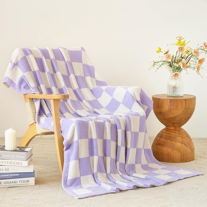 Checkered Blanket, Cozy Soft Throw Blankets for Couch Bed, Fluffy Plaid Lightweight Comfy Travel Picnic Blanket Gifts for Sofa Chair Living Room Camping (Lavender Purple, Twin 60"x80")