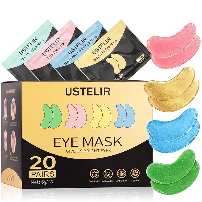 Under Eye Patches, 20 Pairs Eye Mask for Dark Circles,Puffy Eyes,Undereye Bags,Wrinkles,Eye Mask Patches with Hyaluronic Acid, 24K Gold,Rose & Aloe Vera,Eye Treatment Skin Care for Men & Women Gift