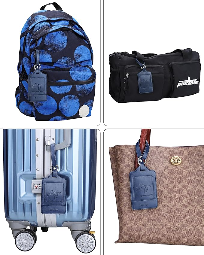 3 Pack Luggage Tags - Quick Install, Privacy Protection, Airplane Travel Essentials for Suitcases, Durable Leather - Blue