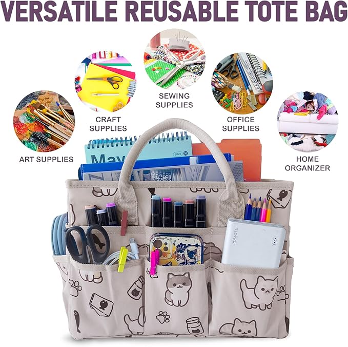 Cupohus Craft Organizer Tote Bag – Art Organizer, Craft Caddy with Multiple Pockets, Large Capacity Supply Storage Bag for Sewing, Knitting, Painting, and Travel (Pet Prints)