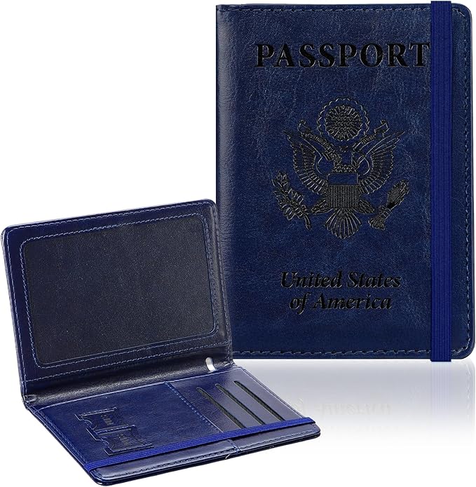 Passport Holder for Travel, RFID Blocking Passport Cover with Pen Holder Leather Passport Wallet Case Travel Must Haves Accessories Passport Book Card Holder for Family Travel Essentials, Dark Blue