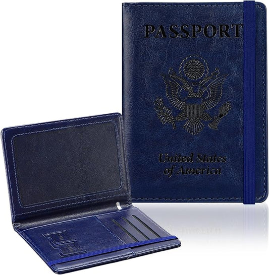 Passport Holder for Travel, RFID Blocking Passport Cover with Pen Holder Leather Passport Wallet Case Travel Must Haves Accessories Passport Book Card Holder for Family Travel Essentials, Dark Blue