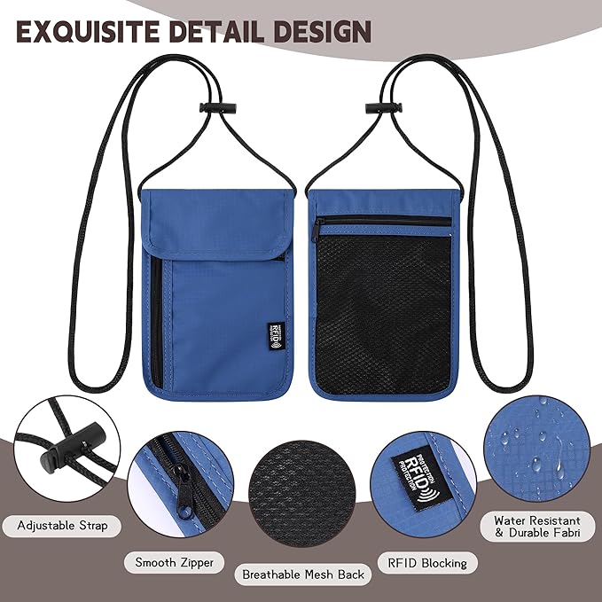 Likesing 5.5" L x 7.9" W Travel Neck Wallet, RFID Blocking Passport Holder, Security Lightweight Passport Travel Wallet, Neck Pouch Gifts for Women Men(Blue)
