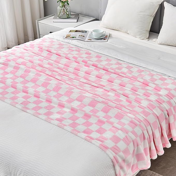 Pink Checkered Blanket, Ultra Soft Fleece Checkered Throw Blankets for Couch Bed and Travel, Luxury Throws for All Seasons, 60x80 Inch, Pink