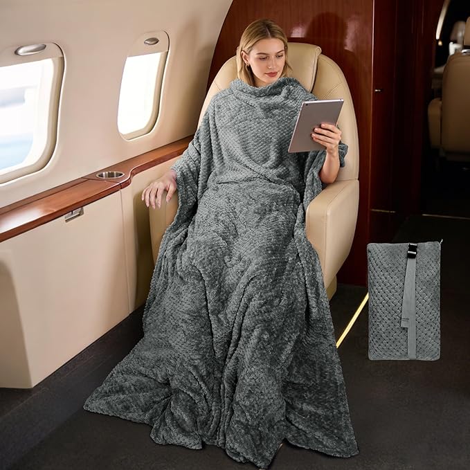 Tirrinia Travel Blanket and Pillow Set, Soft Compact Airplane Blanket with Foot Pockets, 4-in-1 Travel Essentials for Women Men, Portable Travel Gifts for Her, Travel Blanket for Airplanes, Cars