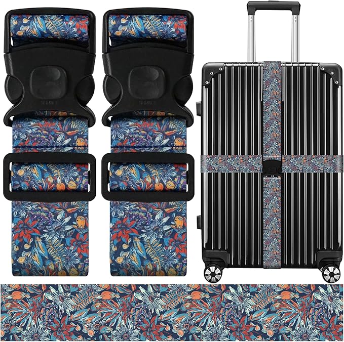 Luggage Straps for Suitcases, Travel Adjustable Belt with Quick Release Buckle, Heavy Duty Nylon Bag Packing Strap, Unique Bright Identifiers Business Travel Accessories (2 Pack) - Blue Flowers