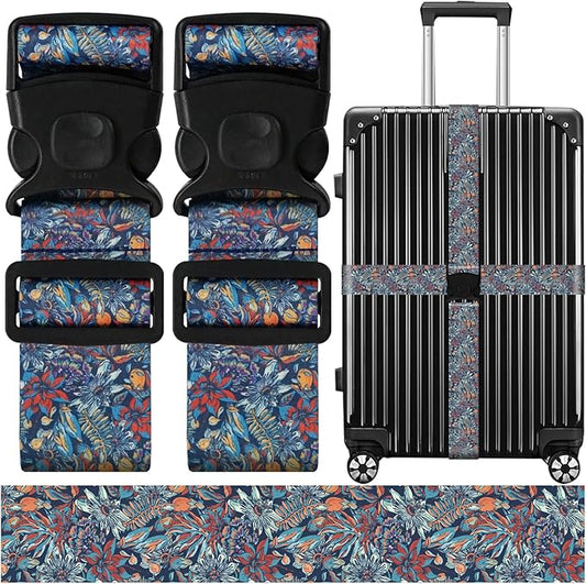 Luggage Straps for Suitcases, Travel Adjustable Belt with Quick Release Buckle, Heavy Duty Nylon Bag Packing Strap, Unique Bright Identifiers Business Travel Accessories (2 Pack) - Blue Flowers