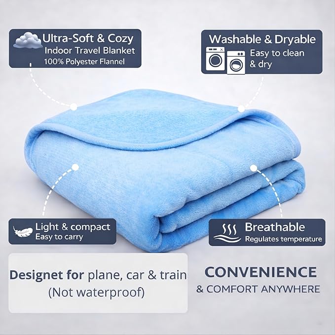 Travel Blanket Airplane – Ultra Soft Flannel 40”x60”, Cozy Compact Blanket with Organizer Bag, Lightweight Comfort for Flights & Home