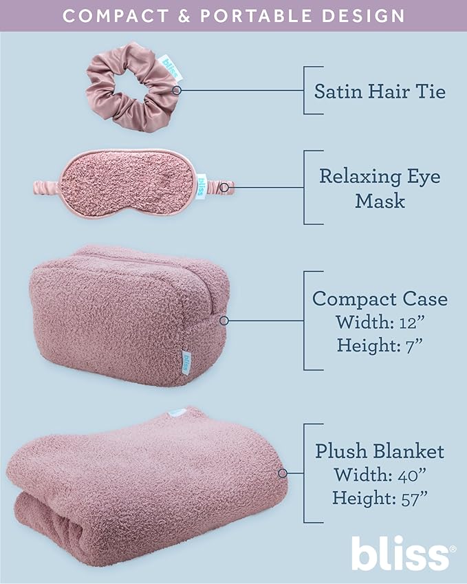 Bliss Womens Travel Blanket Set - 4 Piece Plush Microfiber Packable Travel Blanket with Relaxing Sleep Mask, Carry On Case, and Satin Hair Tie, Pink Gaze