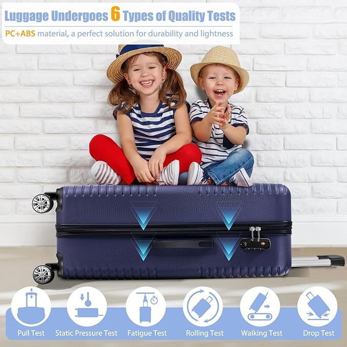 Hoteel Luggage Sets 5 Piece ABS+PC Hardside, 4-Year Warranty, Luggage Set with Dual-Spinner Wheels, TSA Lock, Lightweight Carry on Luggage, 20"/24"/28" Suitcase with Duffel & Organizer, Blue