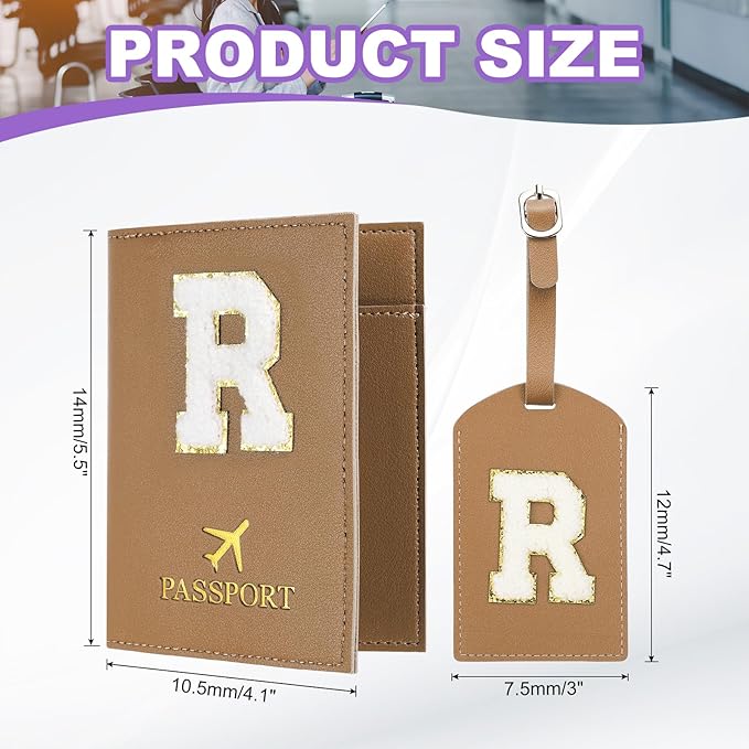 PATIKIL Passport Holder for Travel, Initial Passport Cover and Luggage Tag Set with Alphabet Chenille Letter Patch Travel Wallet Bag Suitcase Identifier for Women Family Travel Brown R