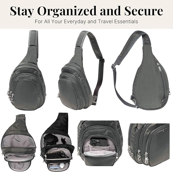 Baggallini Securtex® Anti-Theft Multi Zip Sling - Lightweight 8.6"x15.2" Travel Bag with Locking Zippers & RFID Protection