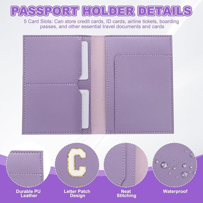 PATIKIL Passport Holder for Travel, Initial Passport Cover and Luggage Tag Set with Alphabet Chenille Letter Patch Travel Wallet Bag Suitcase Identifier for Women Family Travel Purple C