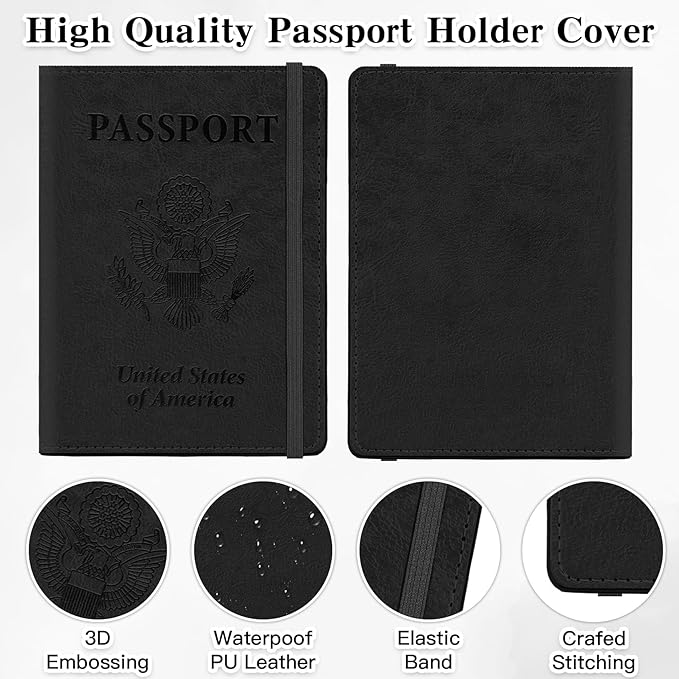Passport Holder for Travel, RFID Blocking Passport Cover with Pen Holder Leather Passport Wallet Case Travel Must Haves Accessories Passport Book Card Holder for Family Travel Essentials Gifts, Black