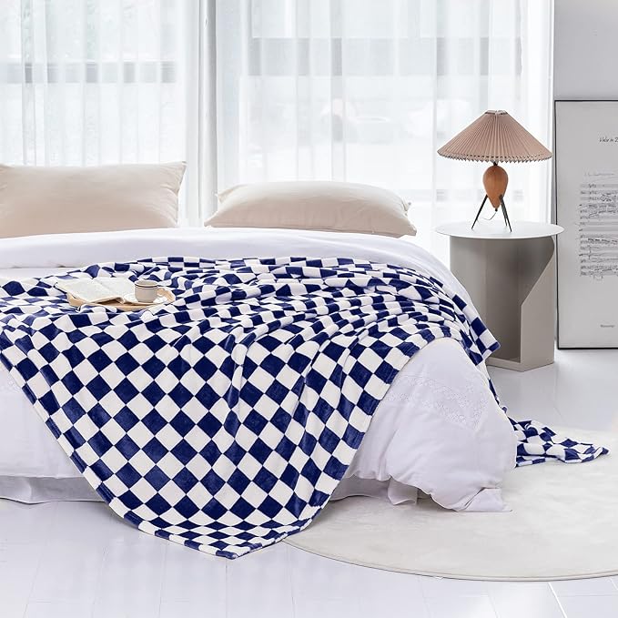 LOMAO Throw Blankets Flannel Blanket with Checkerboard Grid Pattern Soft Throw Blanket for Couch, Bed, Sofa Luxurious Warm and Cozy for All Seasons (Dark Blue, 60"x80")