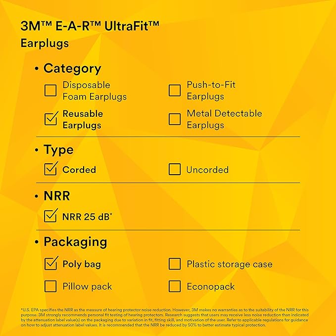 3M E-A-R UltraFit Corded Ear Plugs 340-4004, 100-Pair, Yellow, Poly Bag 3404004
