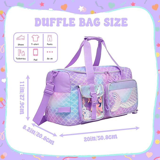 Mermaid Purple Kids Gym Bag for Girls - Duffle Bag for Travel, Dance, Weekender, Overnight - 20"x11"x8.2" with Shoe Compartment