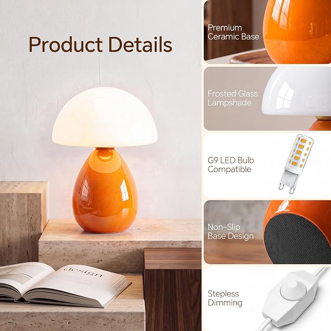 Mushroom Lamp Table Lamp for Bedroom,Ice Crackle Desk Lamp Bedside Small Lamps for Living Room Night Stands,Table Lamps Cute Modern Mid Century Lamps (Orange-Ice Crackle)