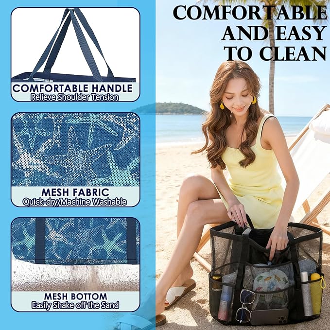 Fammart Mesh Beach Bag, Large Beach Tote with Zipper Pocket, Toys Pool Bag for Family Travel Vacation Cruise Essentials