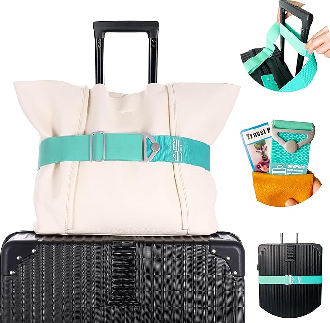 SOWPOPY Travel Belt for Luggage, Add a Bag Luggage Straps Suitcase Travel Belt Over Handle for Carry On Bag, Adjustable 2-in-1 Elastic Luggage Belt Bag Bungee Travel Essential Accessories