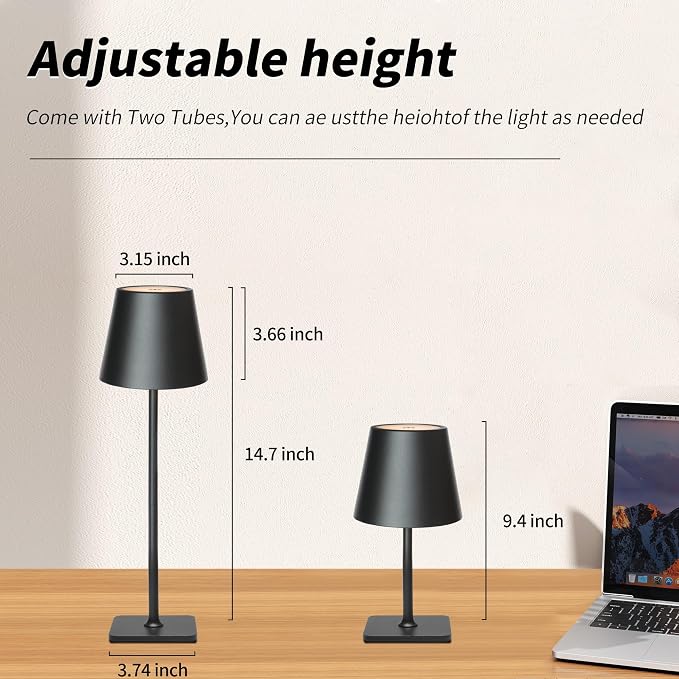 Mr. White Outdoor Waterproof Cordless Set of 2 Rechargeable Portable Top Touch Battery Operated Powered LED Table Lamp Desk Lamp Lights for Restaurant Kitchen Patio Dinner Dining (Black 2 Pack)
