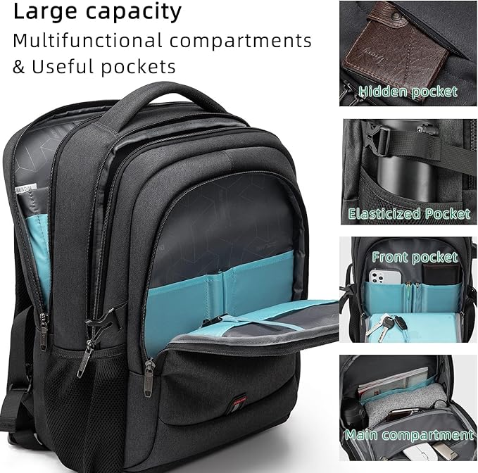 DUSLANG 17 Inch Laptop Backpack for Travel Water Resistant College Backpack for Men Women Laptop Bag with USB Charging Port with Black Lock,Black