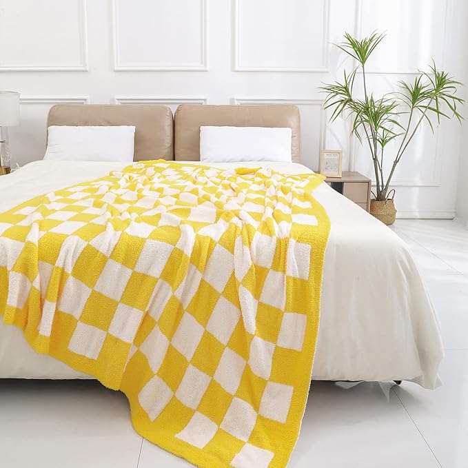 bearberry Fuzzy Checkerboard Grid Throw Blanket Soft Cozy Warm Microfiber Bed Blanket Decor for Couch Sofa Bed Travel Home (Yellow, 60''x80'')
